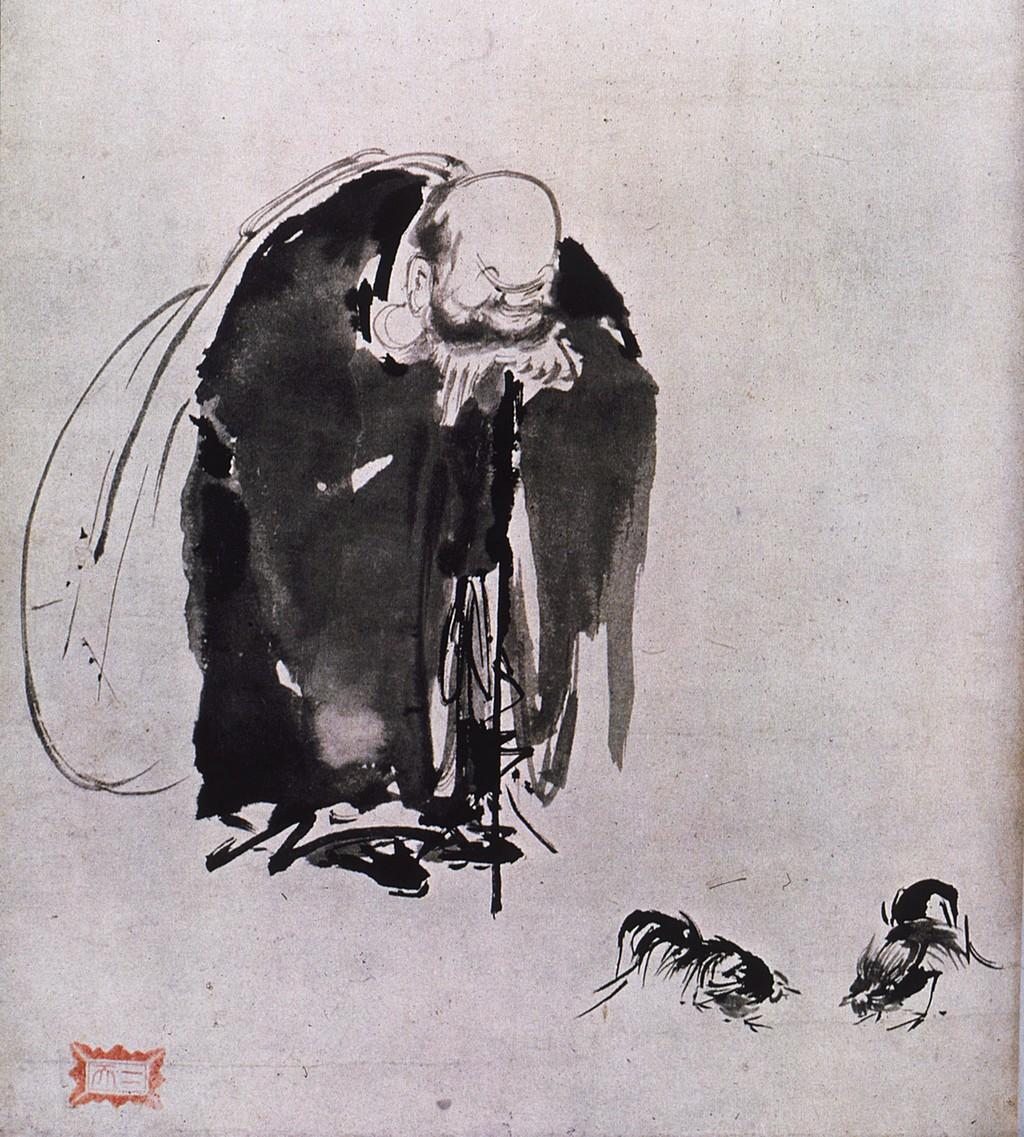Ink painting of Hotei, a stooped figure in a dark robe leaning on a staff, watching two small birds fight at his feet