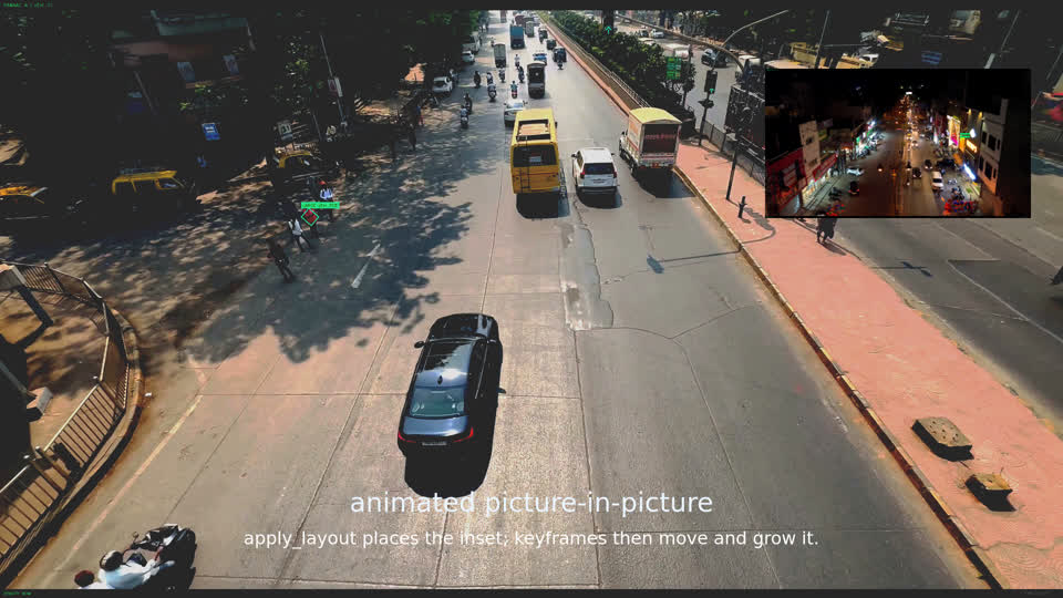 Street footage with a night-time picture-in-picture inset in the top-right corner